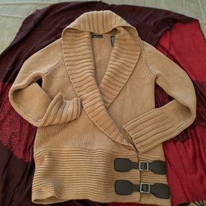 Moda International oversized side buckle sweater.